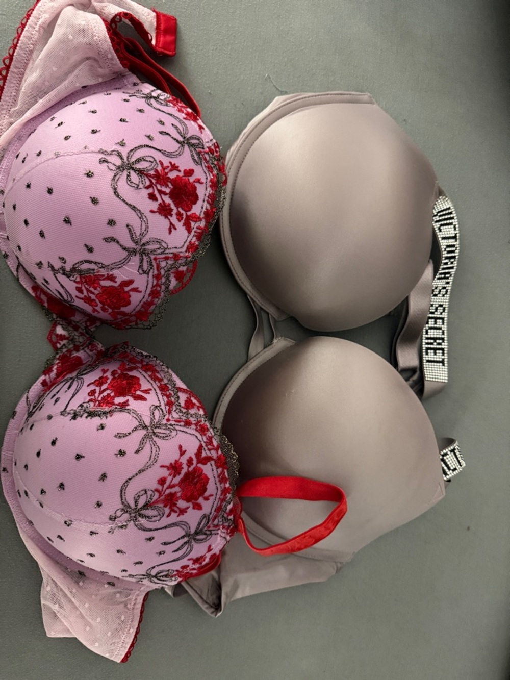 Victoria's Secret Taupe Smooth Push-Up Bra & Pink Red Embroidered Bra Set